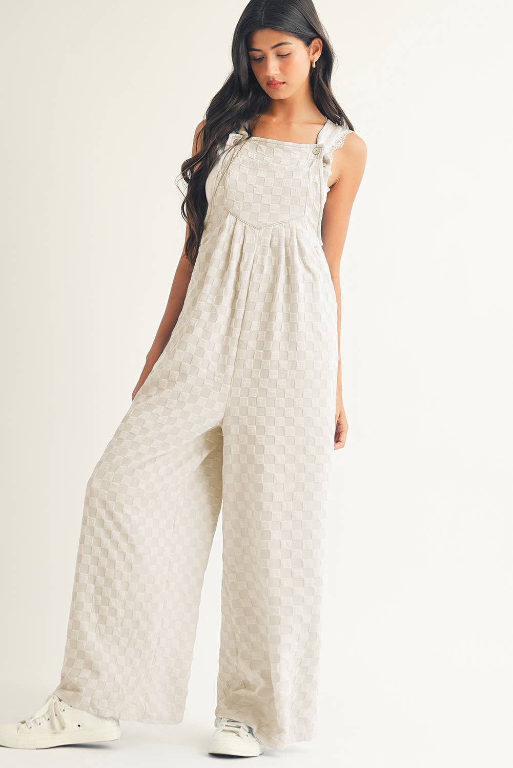 LDC Checkered Pocketed High Waist Wide Leg Overall: Beige
