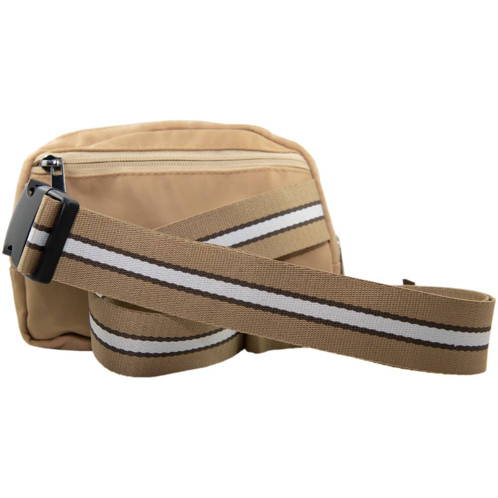 Tan Solid Belt Bag with Striped Strap: Tan / OS