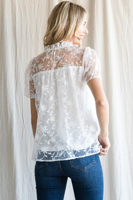 White Lace Puff Short Sleeve Top