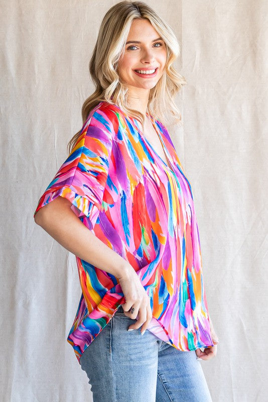 Multi Colored Feather V-Neck Top - Plus Size