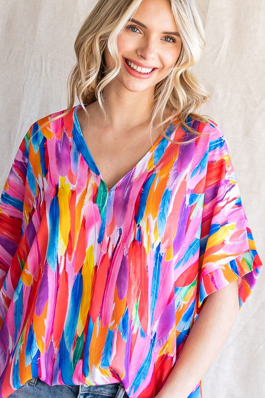 Multi Colored Feather V-Neck Top - Plus Size