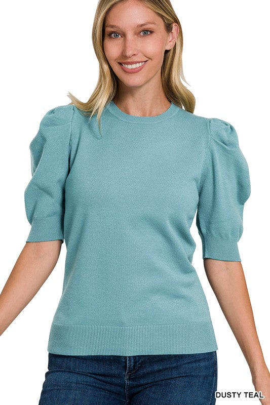 Viscose Puff Short Sleeve Sweater - Dusty Teal