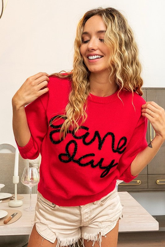 Game Day Metallic Letter Puff short sleeve sweater - Red/Black