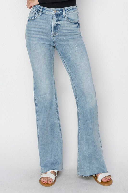 Risen High Rise Raw Cut Hem Bootcut Jeans