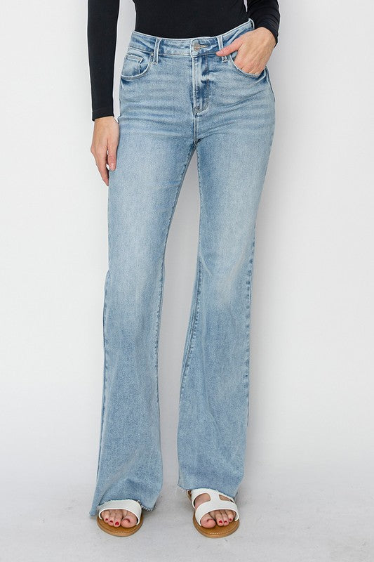 Risen High Rise Raw Cut Hem Bootcut Jeans