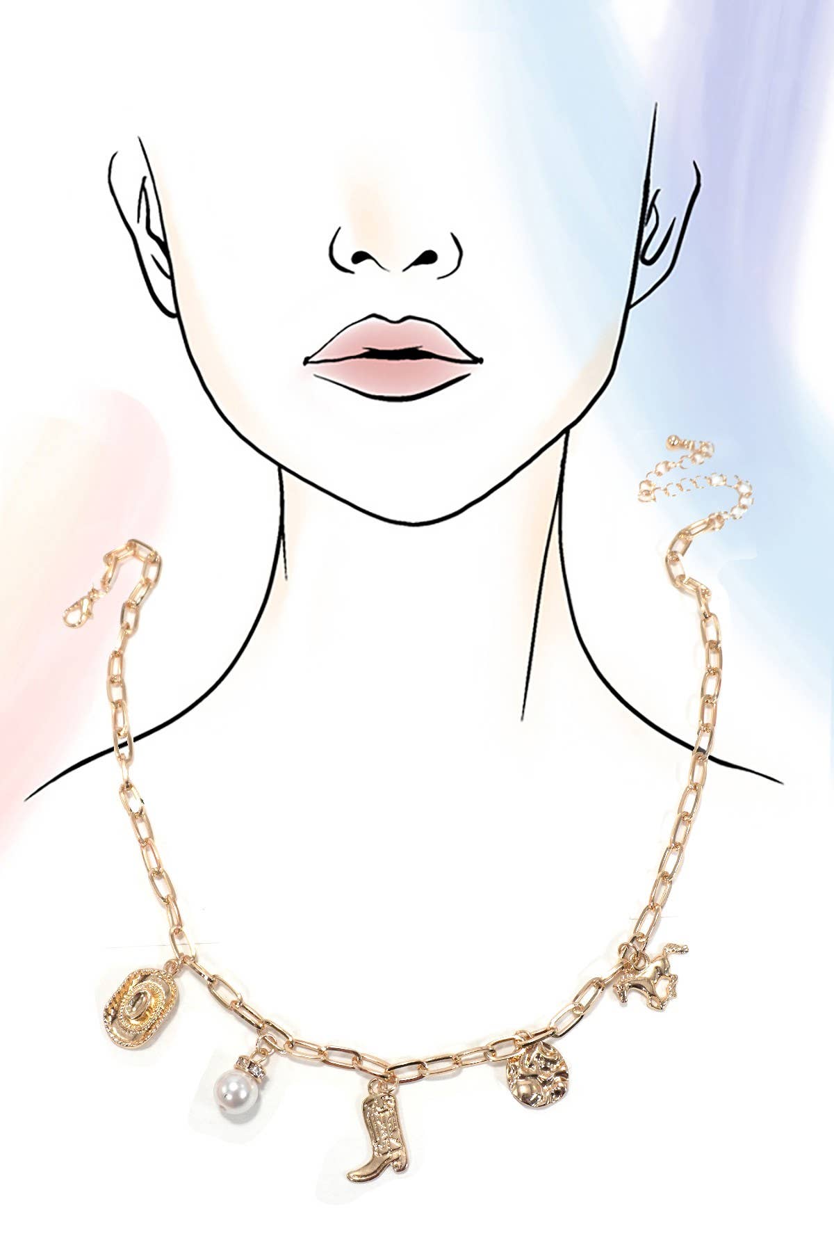 WESTERN BOOT STAR HAT HORSESHOE CHARM NECKLACE : Gold