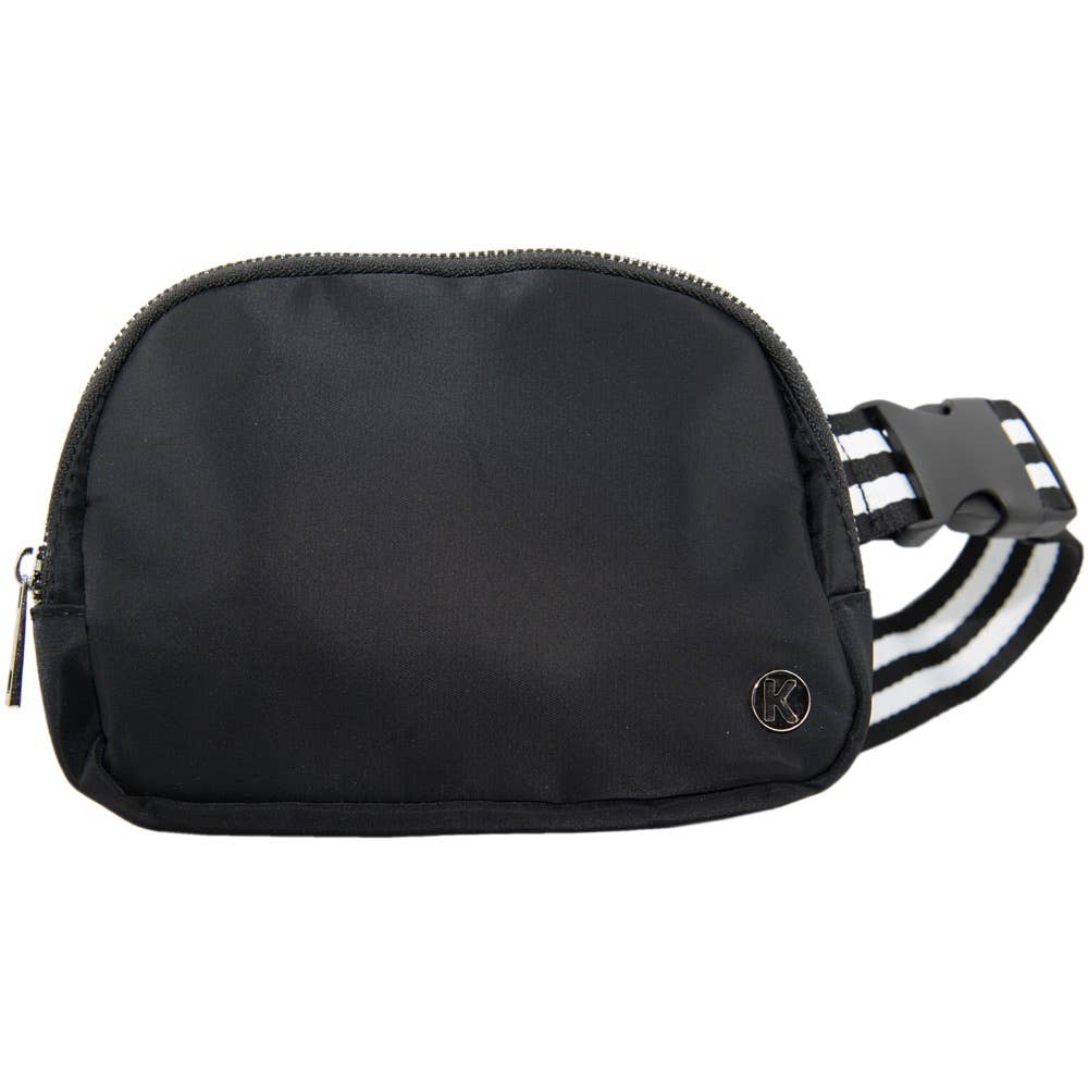 Black Solid Belt Bag with Striped Strap: Black / OS