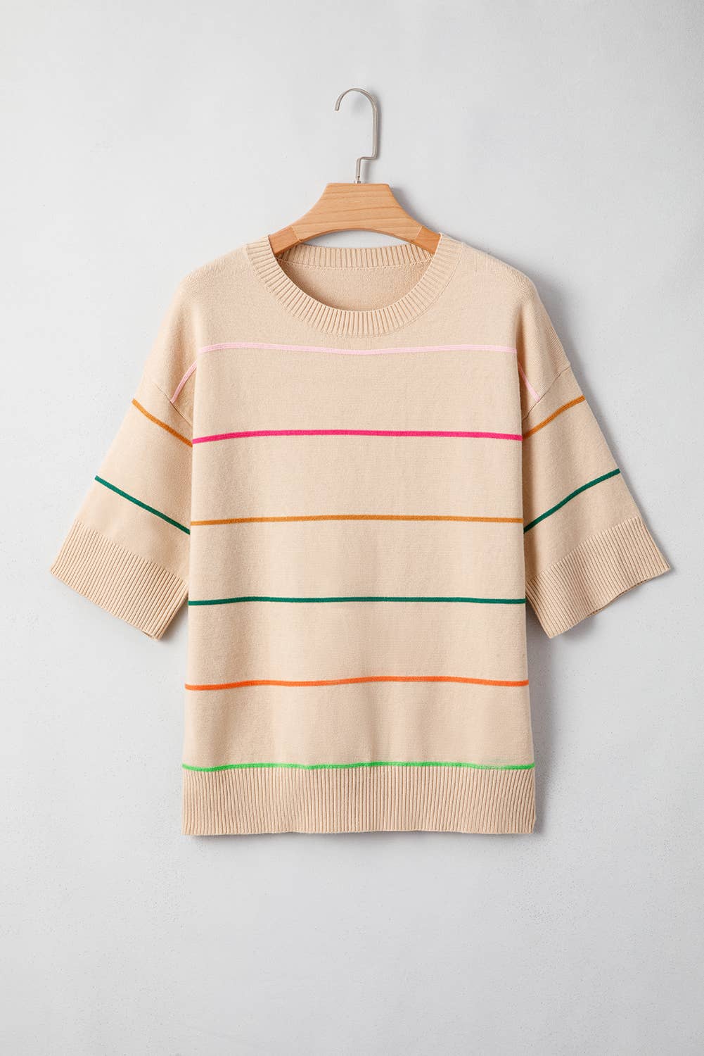 LDC Colorblock Striped Half Sleeve Drop Shoulder Sweater in Oatmeal
