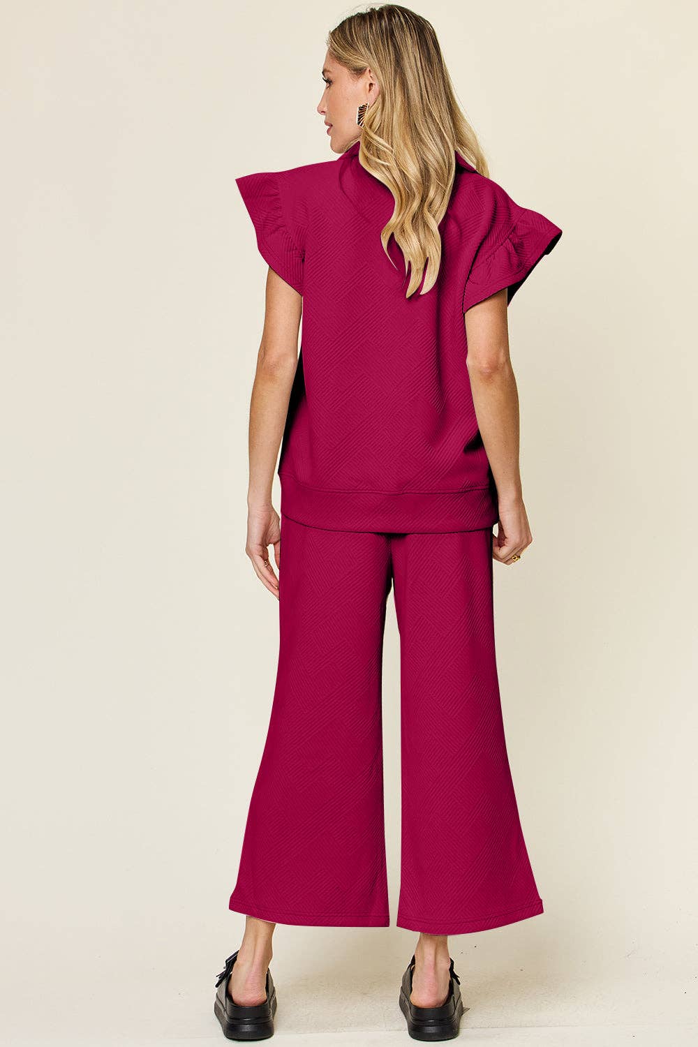 Double Take Texture Ruffle Short Sleeve Top and Drawstring Wide Leg Pants Set: Deep Rose