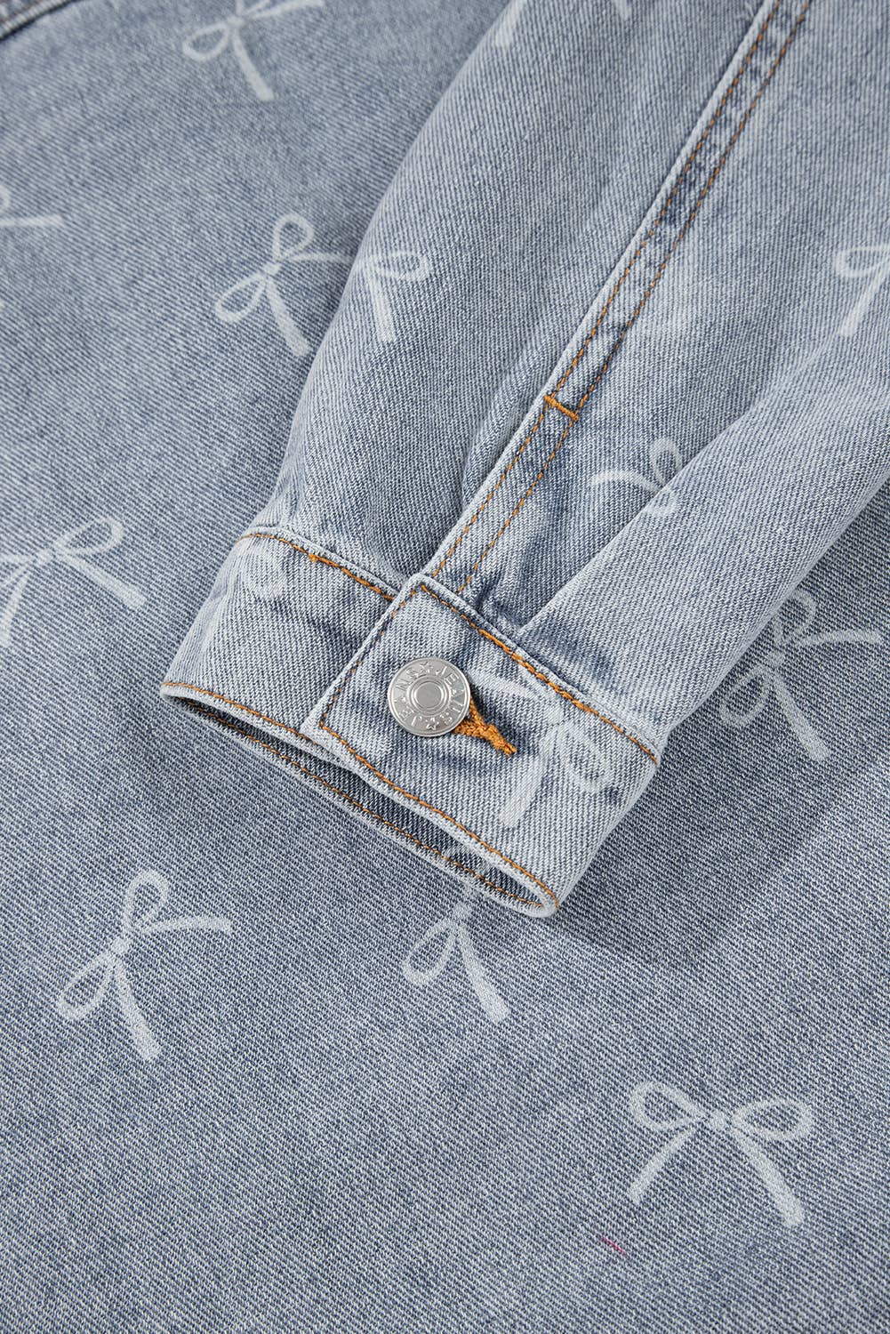 Bow Knot Print Light Wash Raw Hem Denim Jacket
