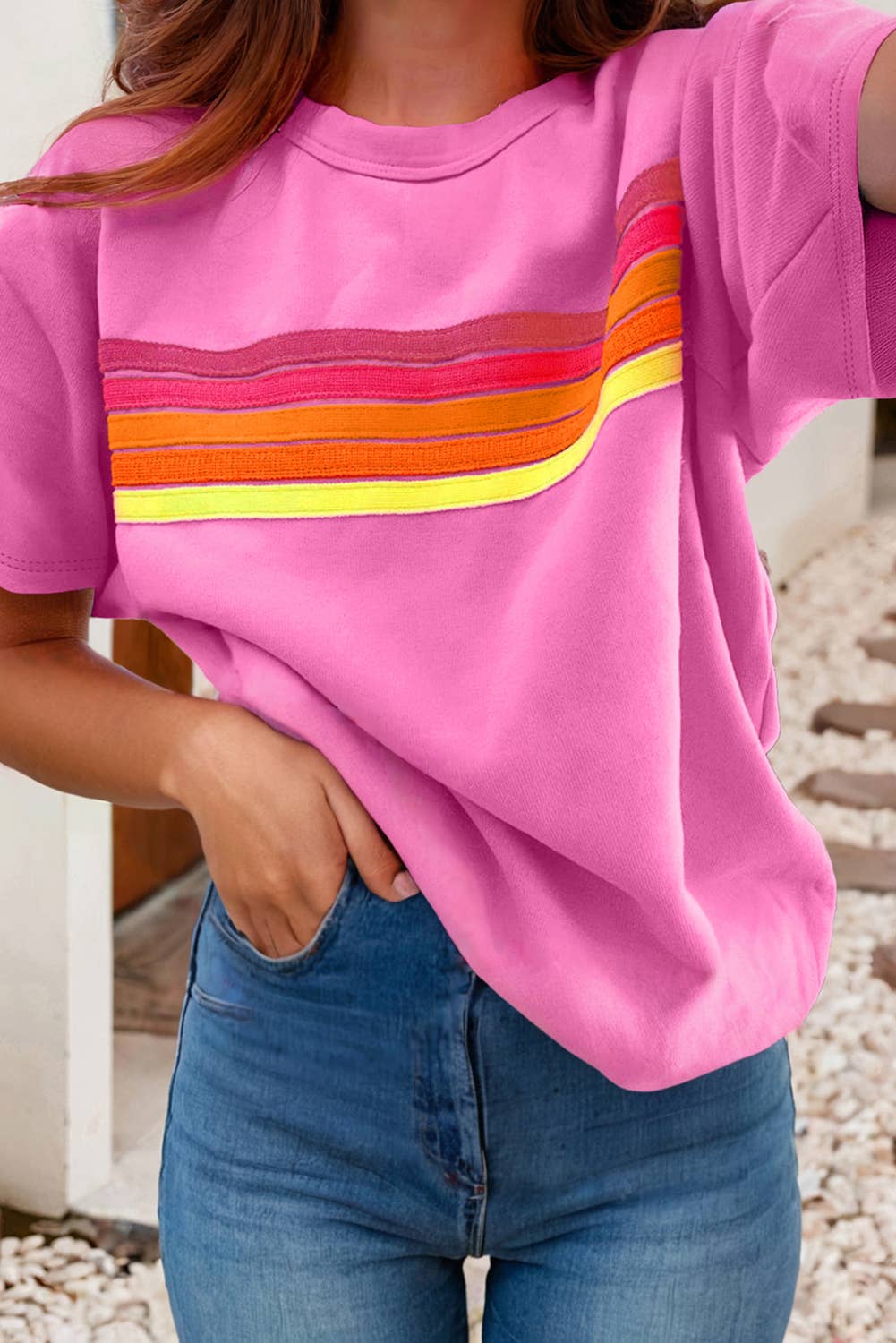Striped Patch Front Casual Tee- Pink