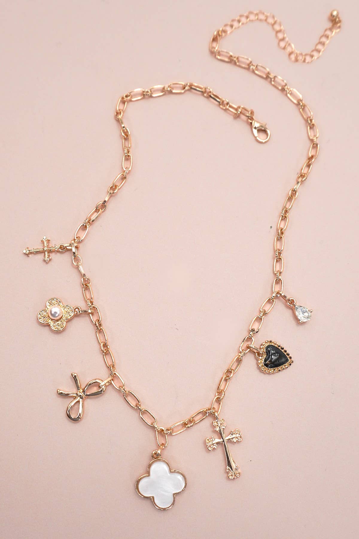 CHARM NECKLACE-CLOVER BOW CROSS HEART FLOWER : GOLD