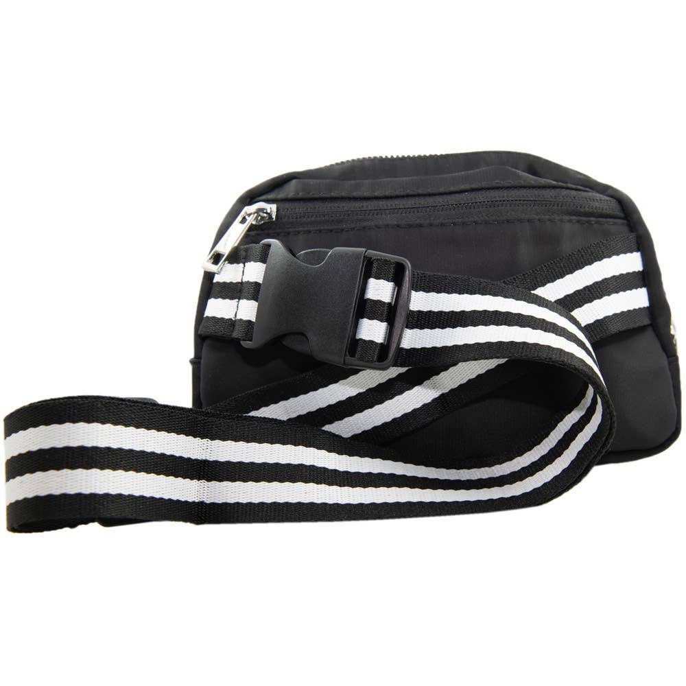 Black Solid Belt Bag with Striped Strap: Black / OS