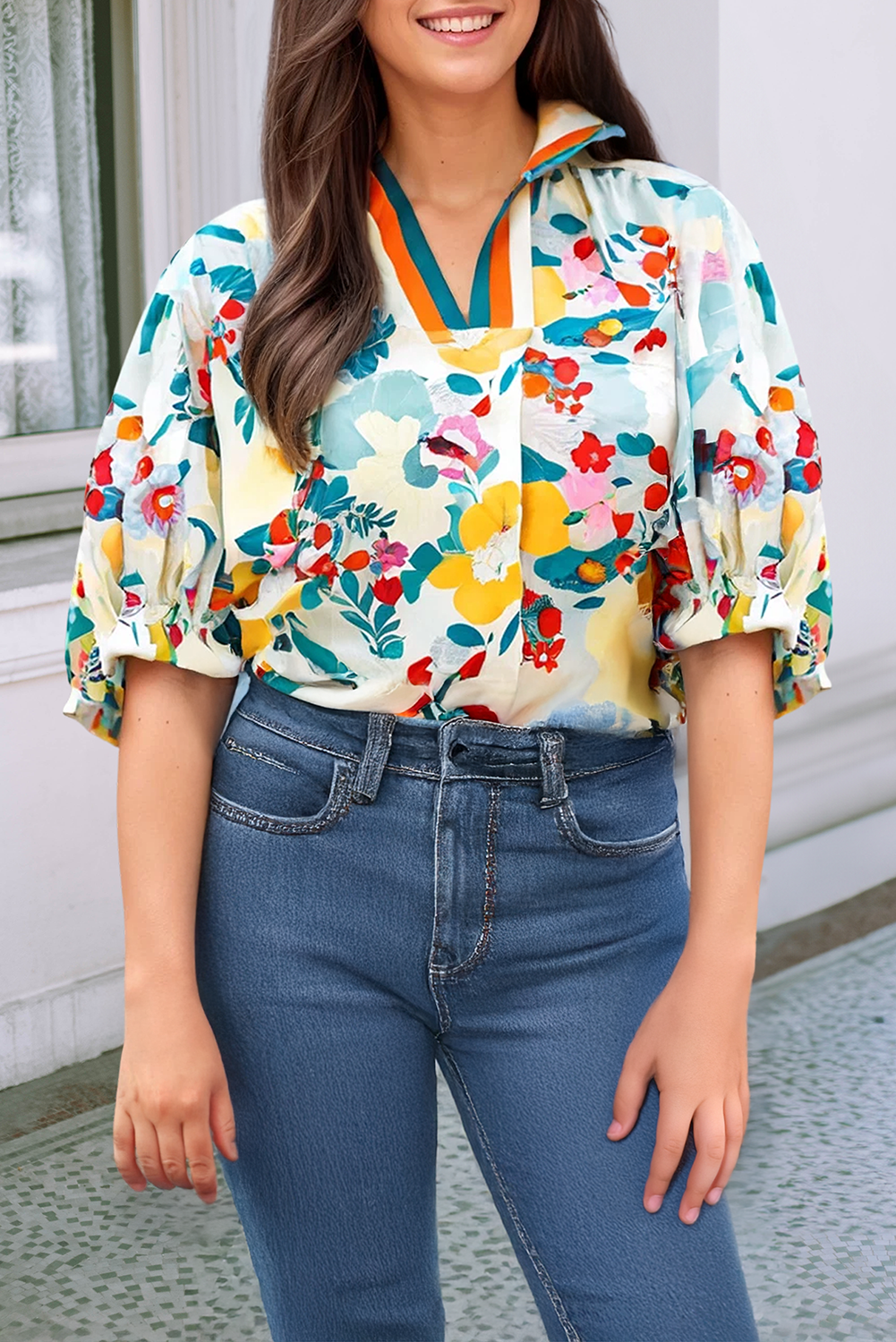 Floral Print Striped V Neck Short Sleeve Blouse