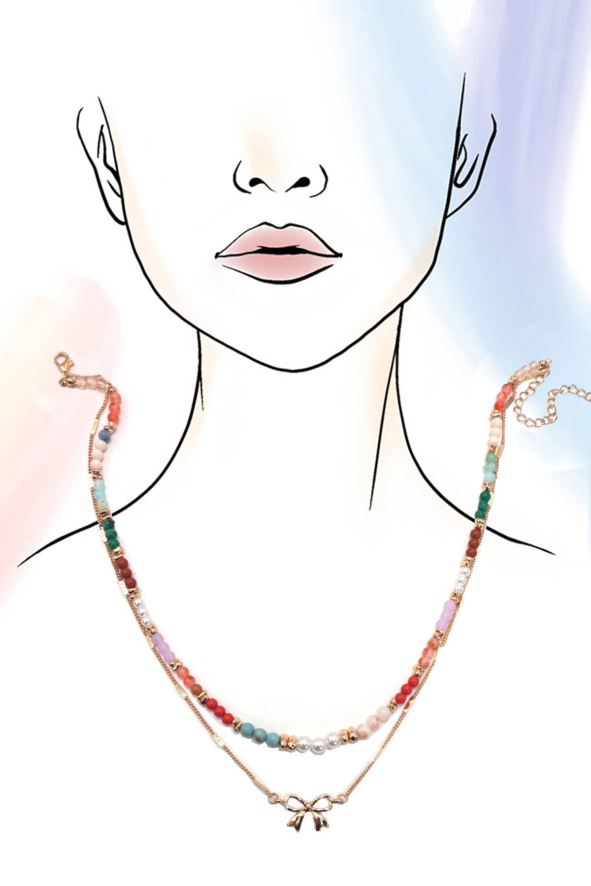 MULTI BEADED BOW CHARM DOUBLE LAYER NECKLACE | Gold