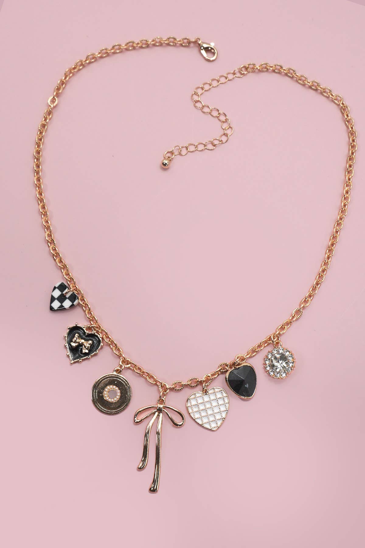 CHARM NECKLACE-BOW CHECKER HEART RHINESTONE: Gold