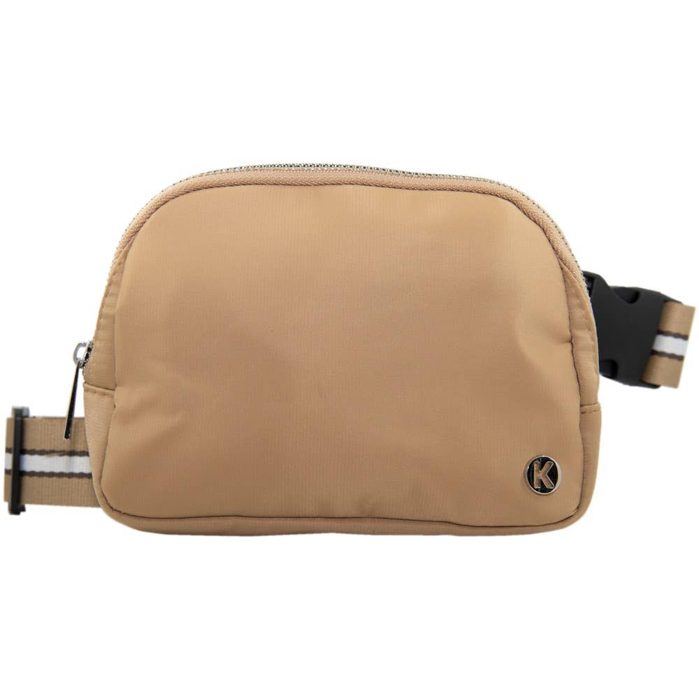 Tan Solid Belt Bag with Striped Strap: Tan / OS