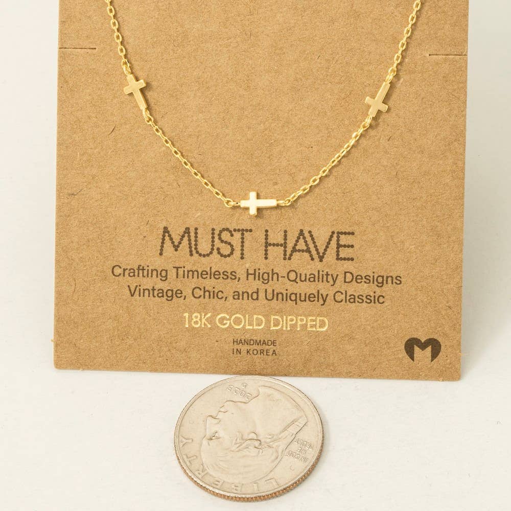 Gold Dipped Dainty Cross Station Necklace: G