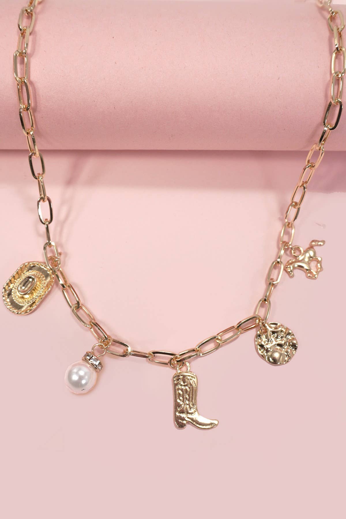 WESTERN BOOT STAR HAT HORSESHOE CHARM NECKLACE : Gold