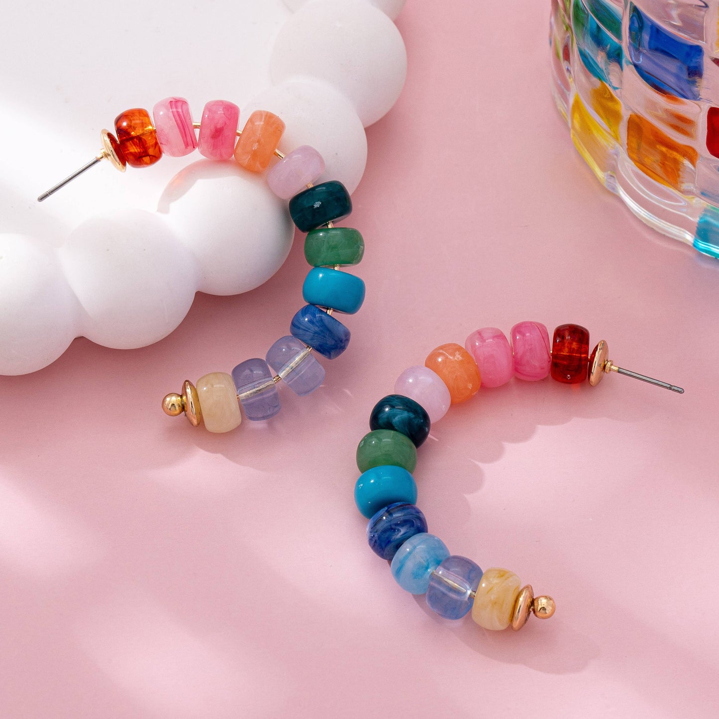 Rainbow Beaded Hoop Earrings |
