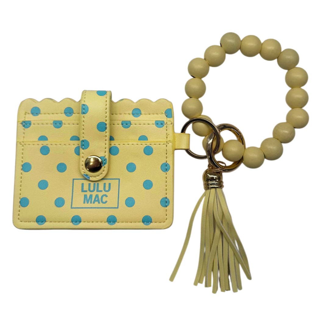 LULU MAC Beaded Wristlet ID Wallet Yellow/Blue Dot