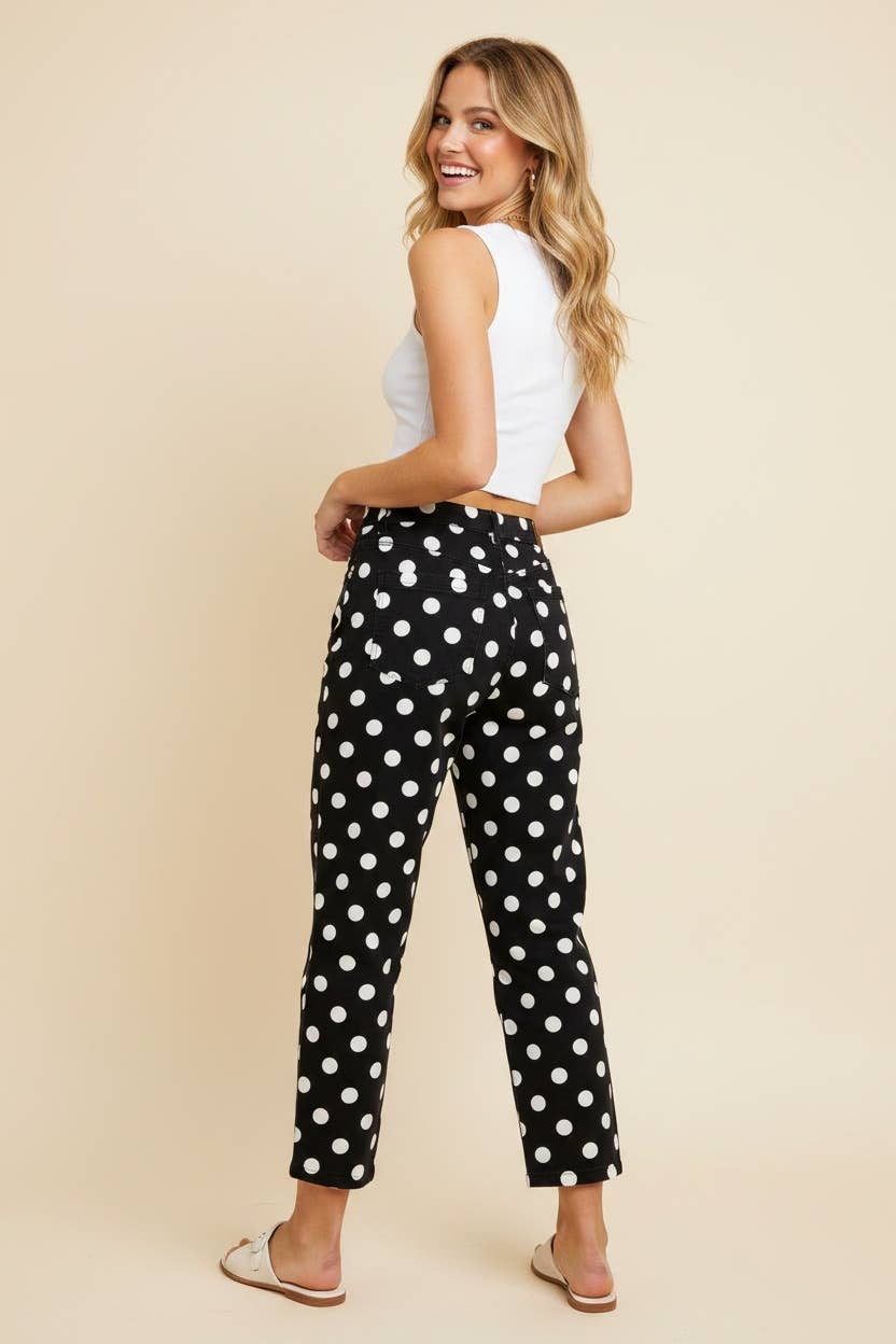 Polka Dot High Rise Straight Leg Pants: Black/White