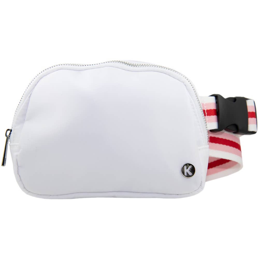 White Solid Belt Bag with Striped Strap: White / OS