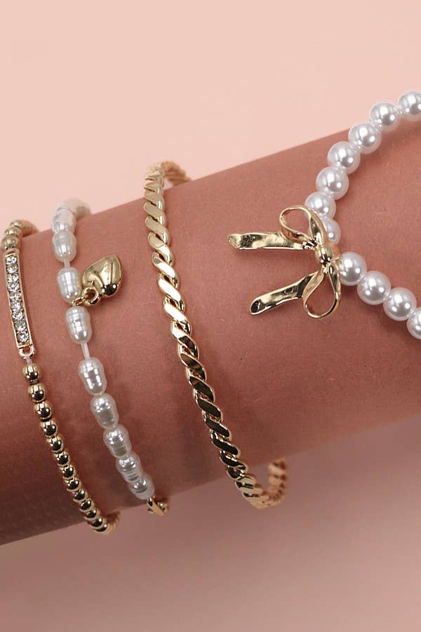 BOW PEARL RHINESTONE BAR STRETCH BANGLE SET : GOLD