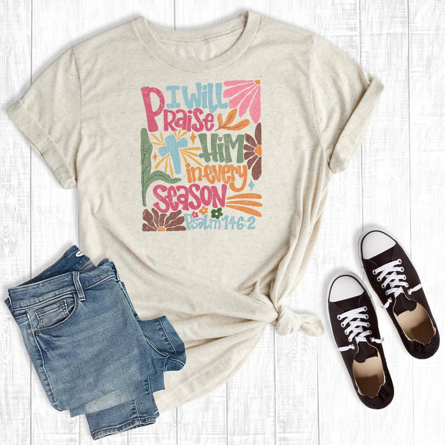 Retro Floral Faith Praise In Every Season Graphic Tee: Cream