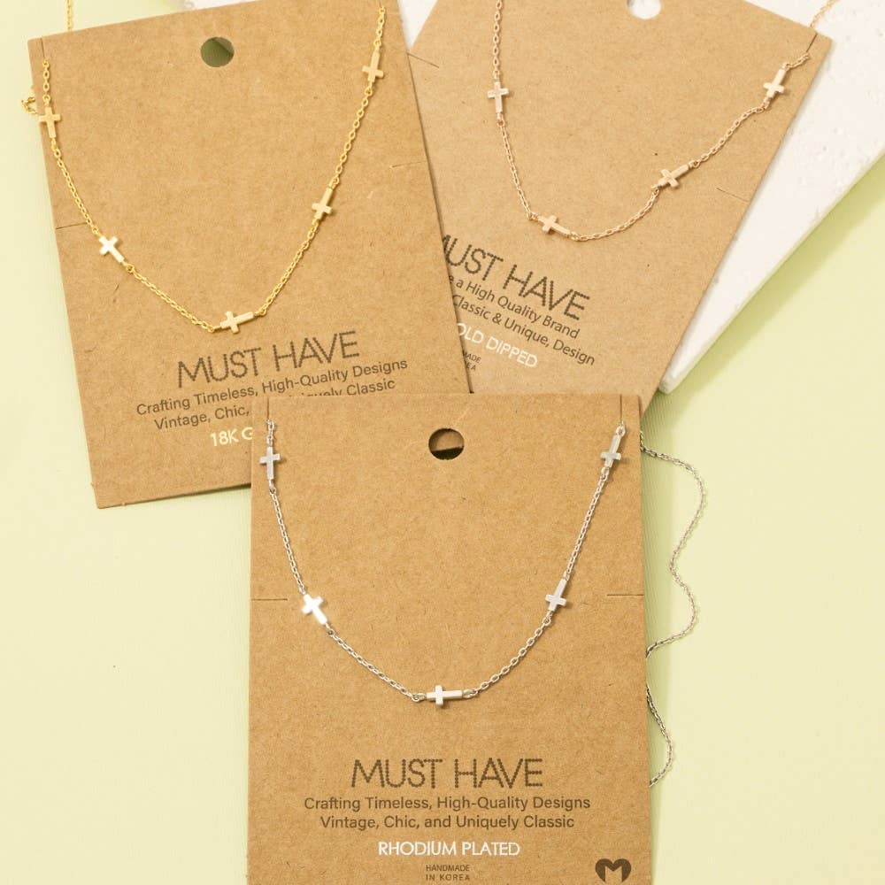 Gold Dipped Dainty Cross Station Necklace: G