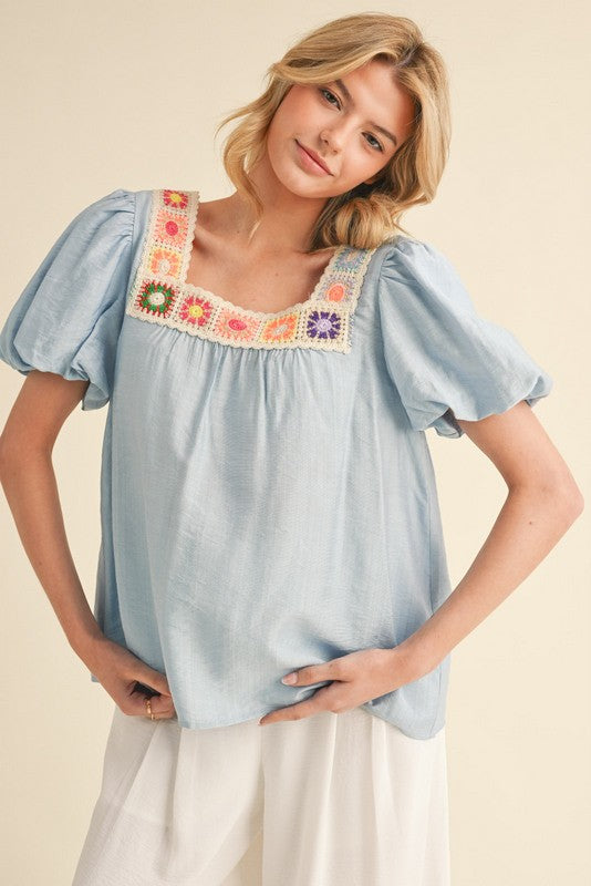 Crochet Lace Square Neck Top: Blue