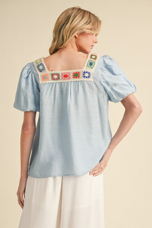 Crochet Lace Square Neck Top: Blue