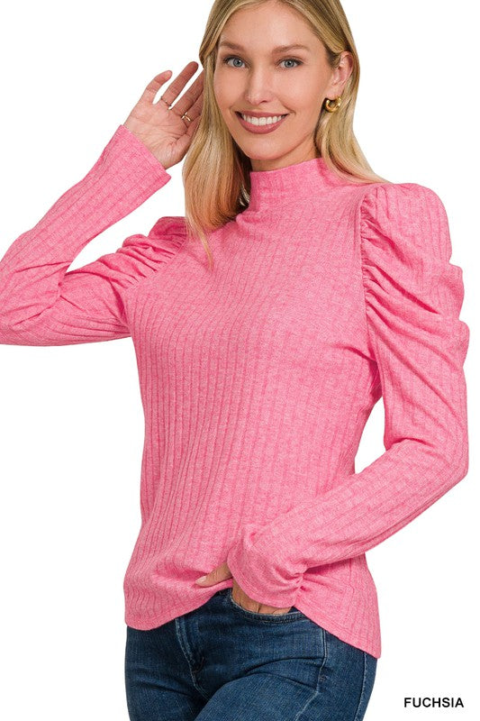 Fuchsia Ribbed Puff Long Sleeve Mock Neck Top