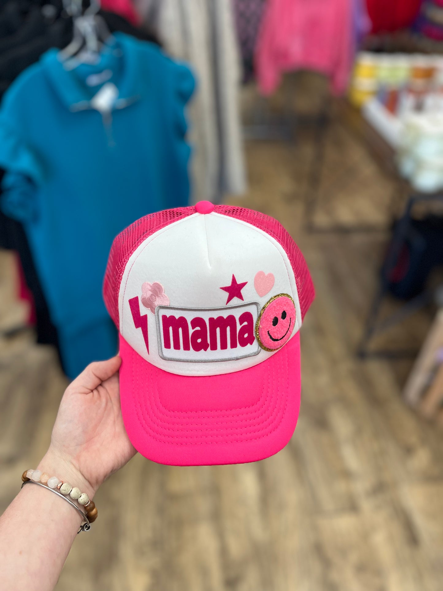 Mama Patch Trucker Hat: White/Hot Pink