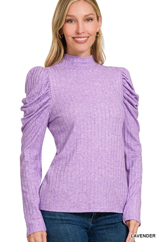Lavender Ribbed Puff Long Sleeve Mock Neck Top