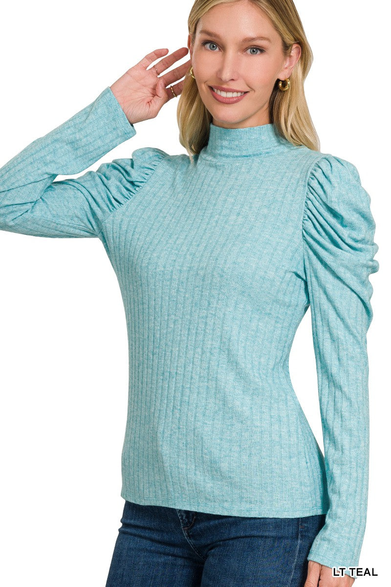 Light Teal Ribbed Puff Long Sleeve Mock Neck Top