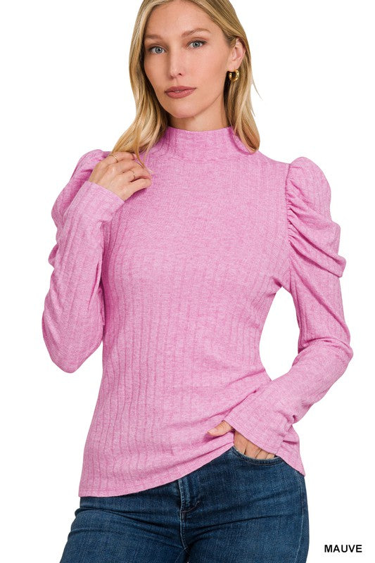 Mauve Ribbed Puff Long Sleeve Mock Neck Top
