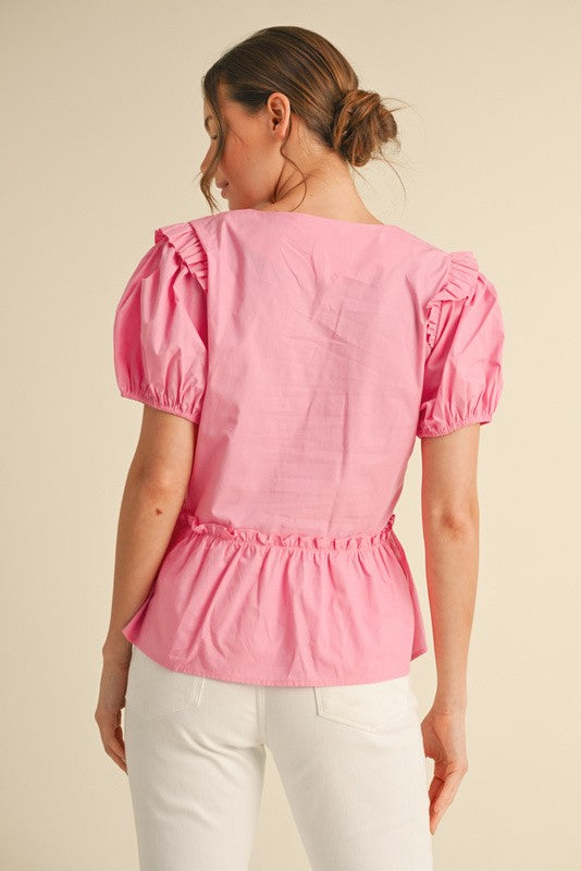 Cotton Bow Ties Peplum Top: Pink