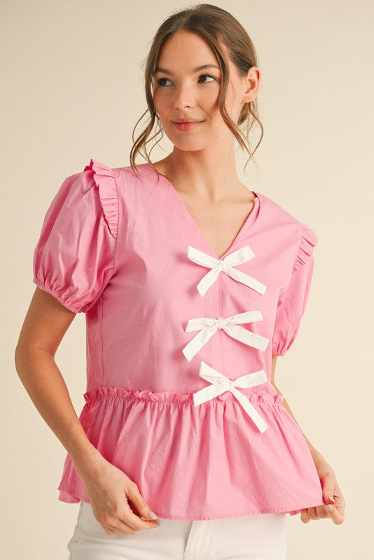 Cotton Bow Ties Peplum Top: Pink