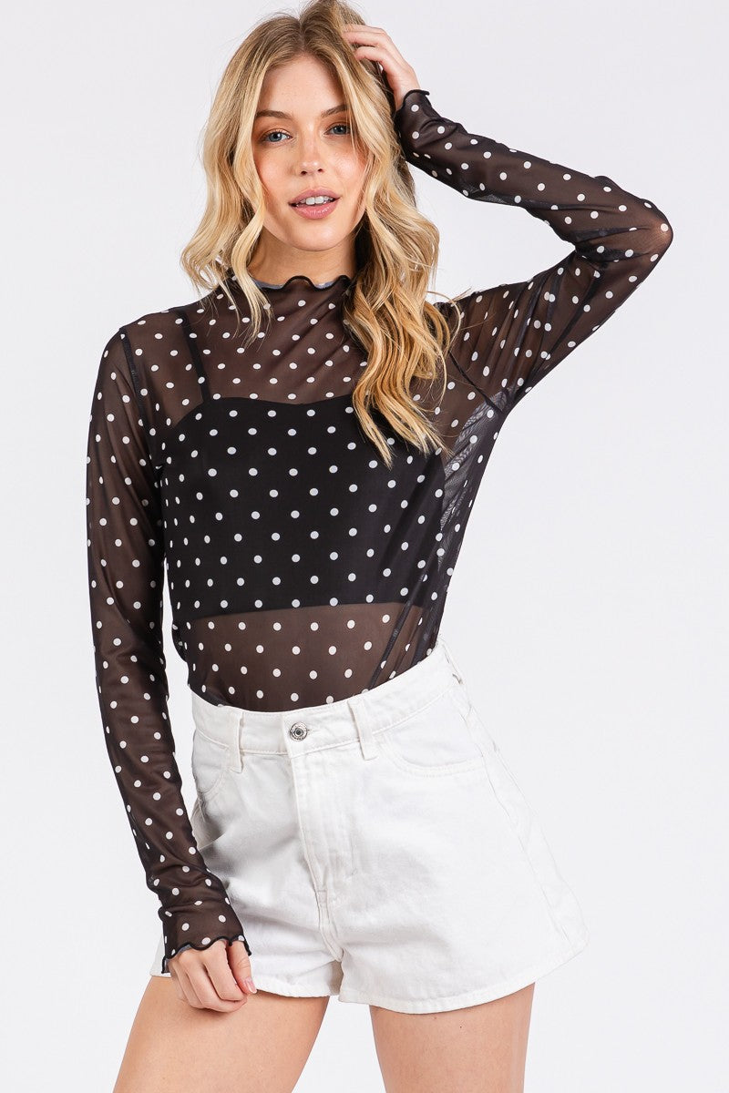 Polka Dot Mesh Long Sleeve Top