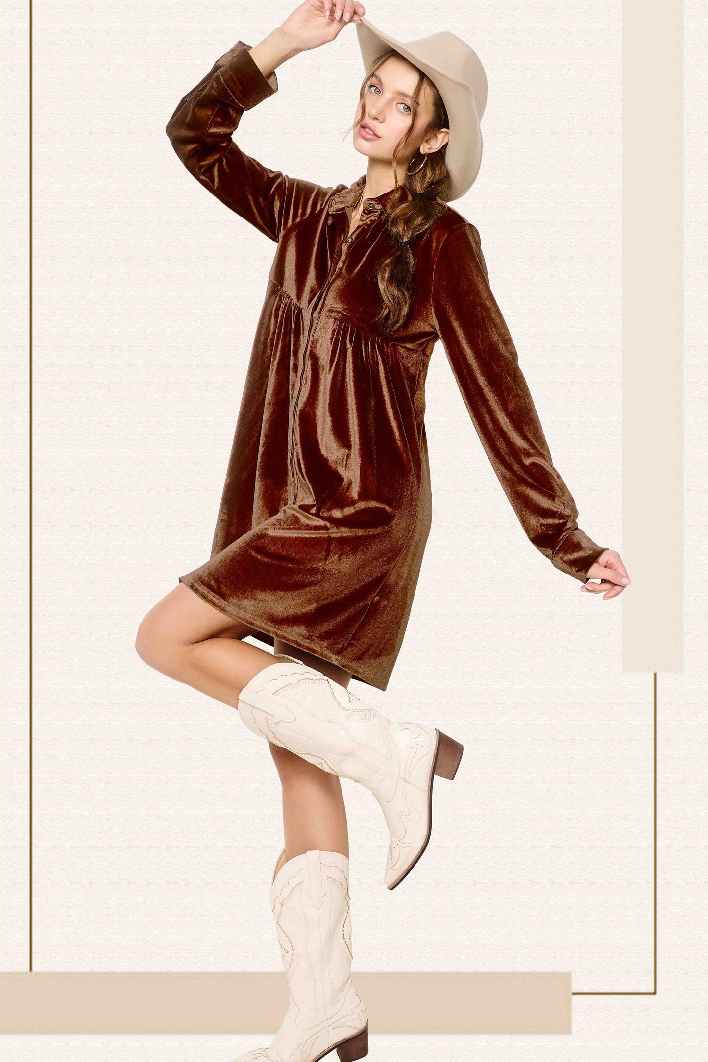 Smoked Topaz Button Front Soft Velvet Mini Dress