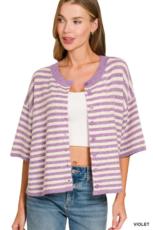 Striped Wool Blend Half Sleeve Cardigan Sweater Violet