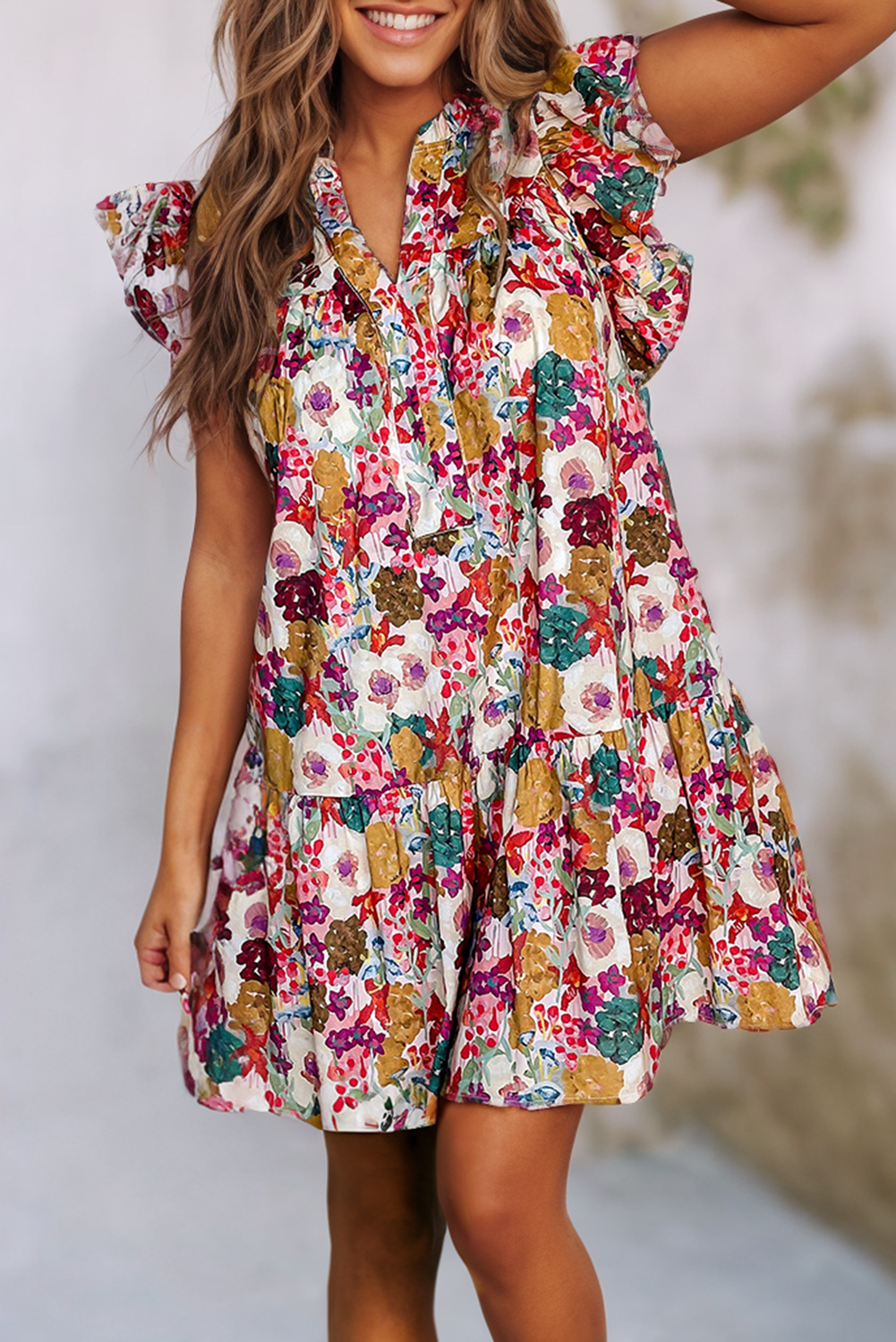 Floral Split Neck Dress: Multi-Colored