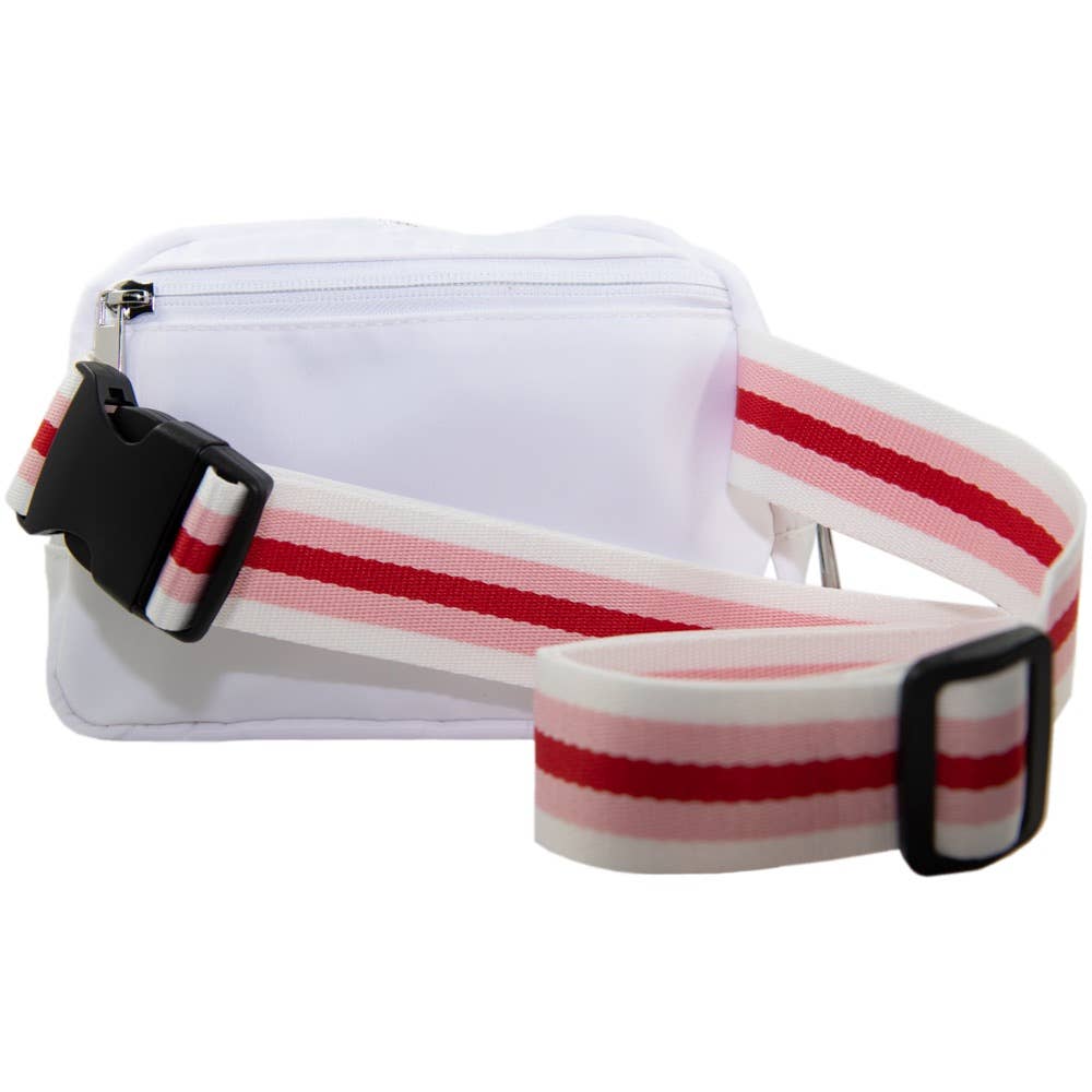 White Solid Belt Bag with Striped Strap: White / OS