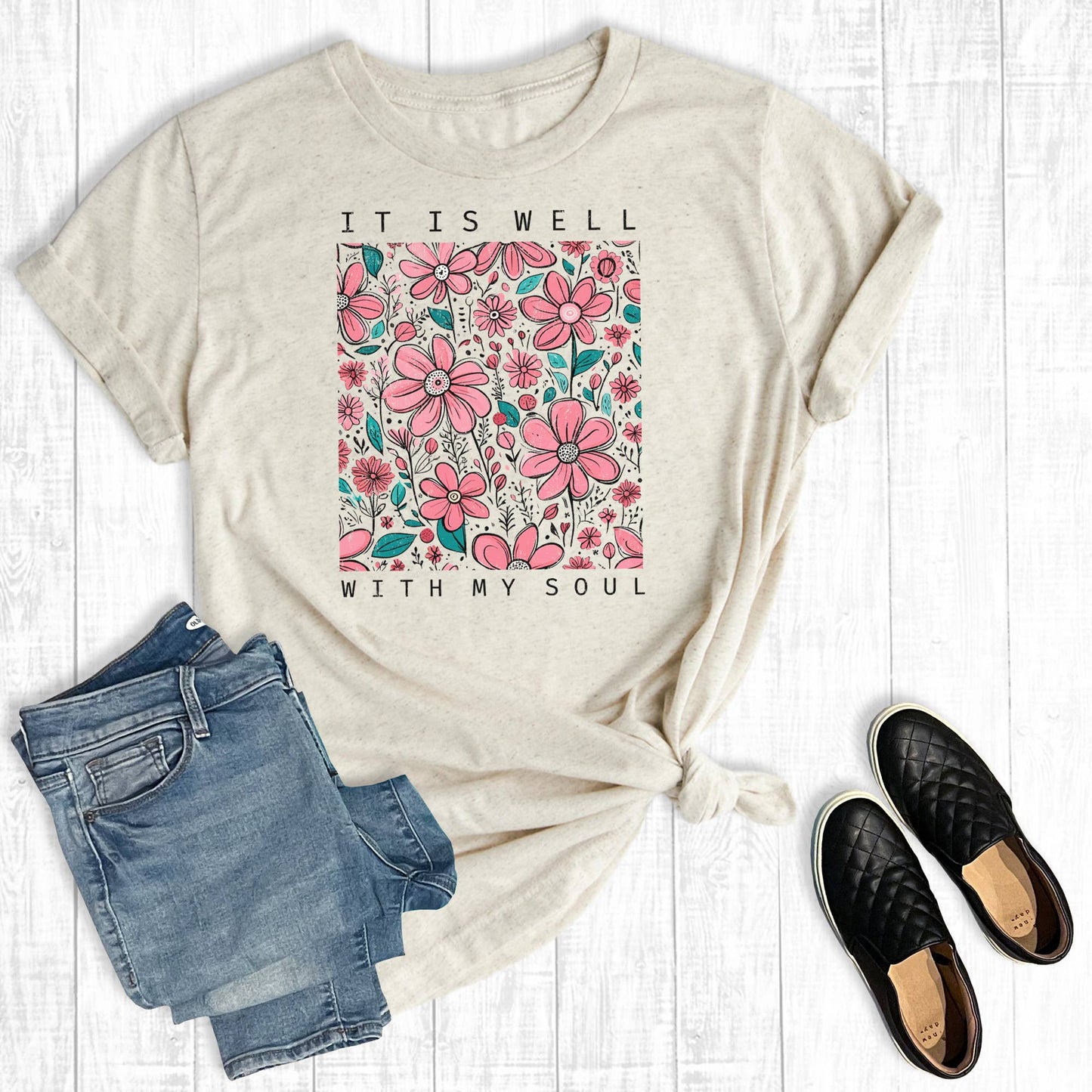 Retro Floral It Is Well With My Soul: Cream
