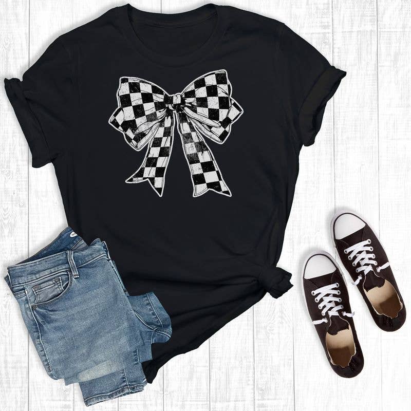 Checkered Coquette Bow Black Graphic Tshirt: Black