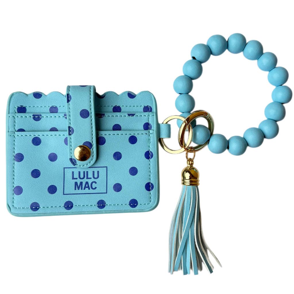 LULU MAC Beaded Wristlet ID Wallet Blue/Navy Dot