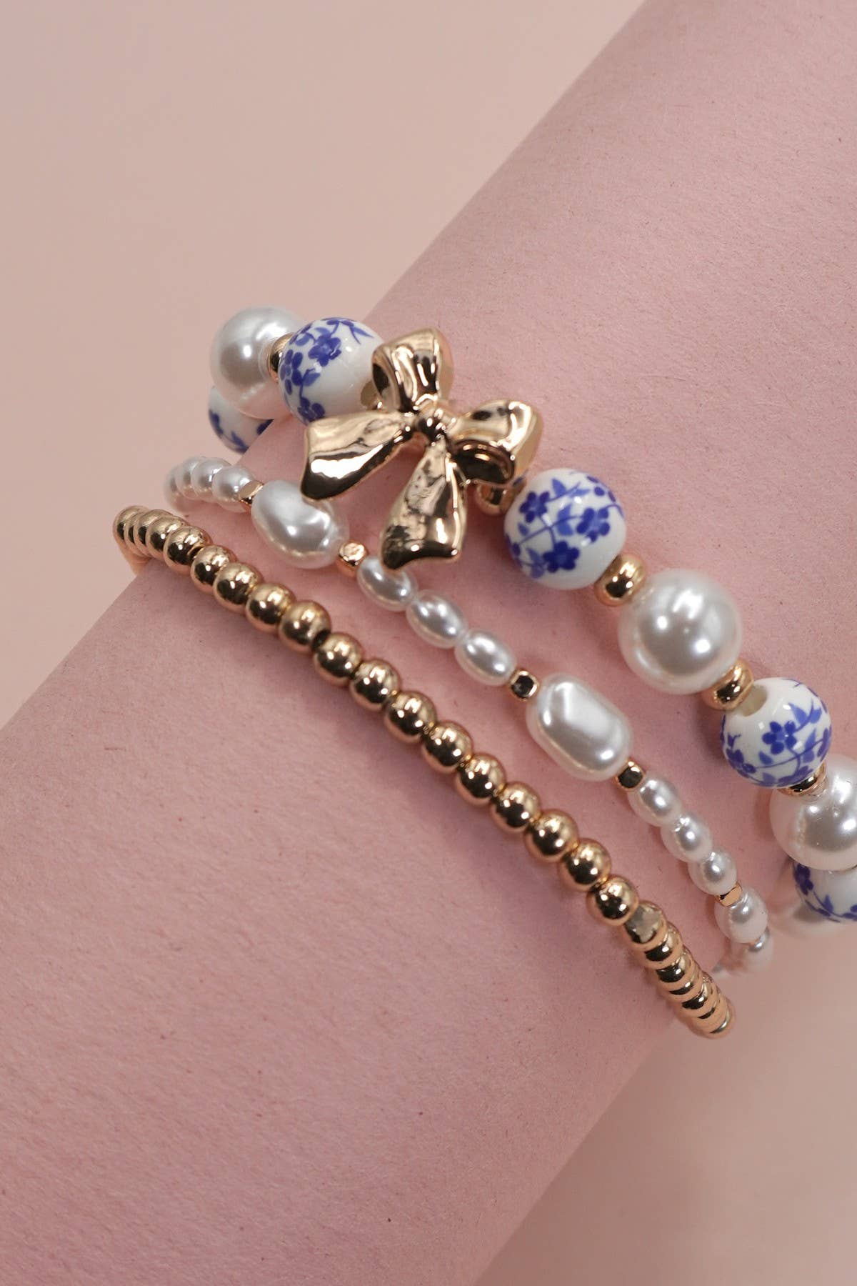 BLUE CERAMIC PORCELAIN BOW MULTI LAYER BRACELET : Gold