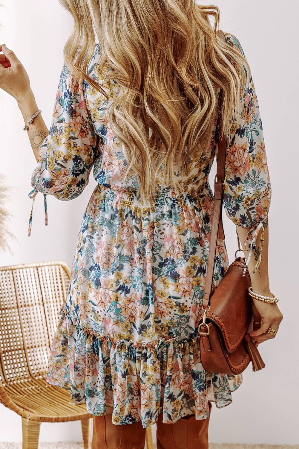 Floral Fall V Neck High Waist Ruffled Dress: Sky Blue