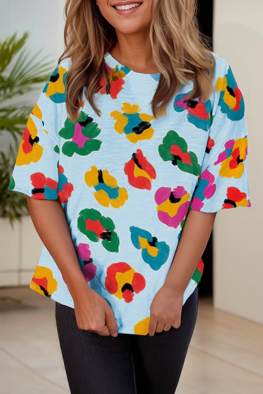 Leopard Printed Drop Shoulder Oversize Tee